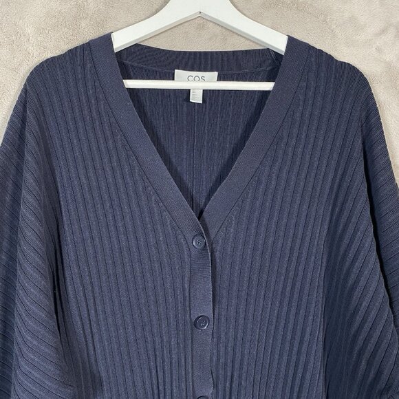 COS Cardigan Size L Navy Button Front V-Neck Relaxed Fit Slouchy Ribbed Knit - Picture 4 of 14